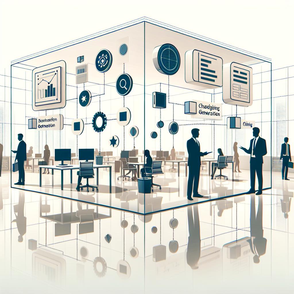 Create a two-dimensional, vector-styled image with a crisp white background reflecting a corporate setting. The concept being portrayed is chunking, an essential technique used in response generation and knowledge retrieval systems in AI. The image should highlight an office scenario, symbolizing this business environment. Include elements like segmented graphs and data icons in order to emphasize the effectiveness of information retrieval. To keep it fluid, follow a flat design aesthetic.