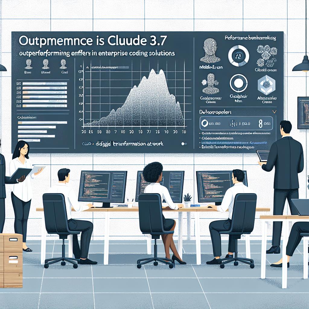 Create a corporate-style, 2D, flat vector illustration on a textured white backdrop. The focal point of the image is an illustrative graph that shows the performance benchmarkings of an artificial intelligence solution called Claude 3.7 by Anthropic, prominently outperforming its competitors in enterprise coding solutions. In the office setting, there are developers of different genders and descents - Middle-Eastern woman, Black man, Hispanic woman and a white man - interacting with the Claud 3.7 tool. A modern office setting exemplifies digital transformation at work, with signs of teamwork and collaboration between technical and non-technical teams.
