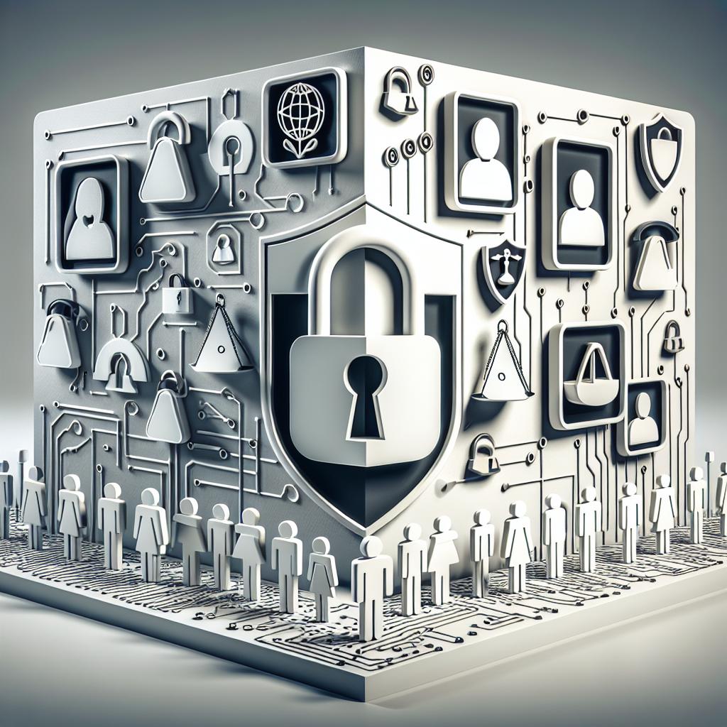 Create a 2D, flat, corporate style image that encapsulates the tension between the users' privacy and the data usage practices by digital platforms. The image will have a white and textureless background, conveying a clean, modern feel. In the foreground, include symbols of privacy signifying the fight for personal data protection, like padlocks or shields. Add a digital backdrop with ones and zeros or circuitry symbols to underline the technology and social networking context. To emphasize the legal aspect of the situation, include scales of justice. In the midst of it all, please depict silhouettes of individuals with different gender and descents like Caucasian, Hispanic, Black, Middle-Eastern, South Asian, White, indicating the diverse user base affected by the situation.