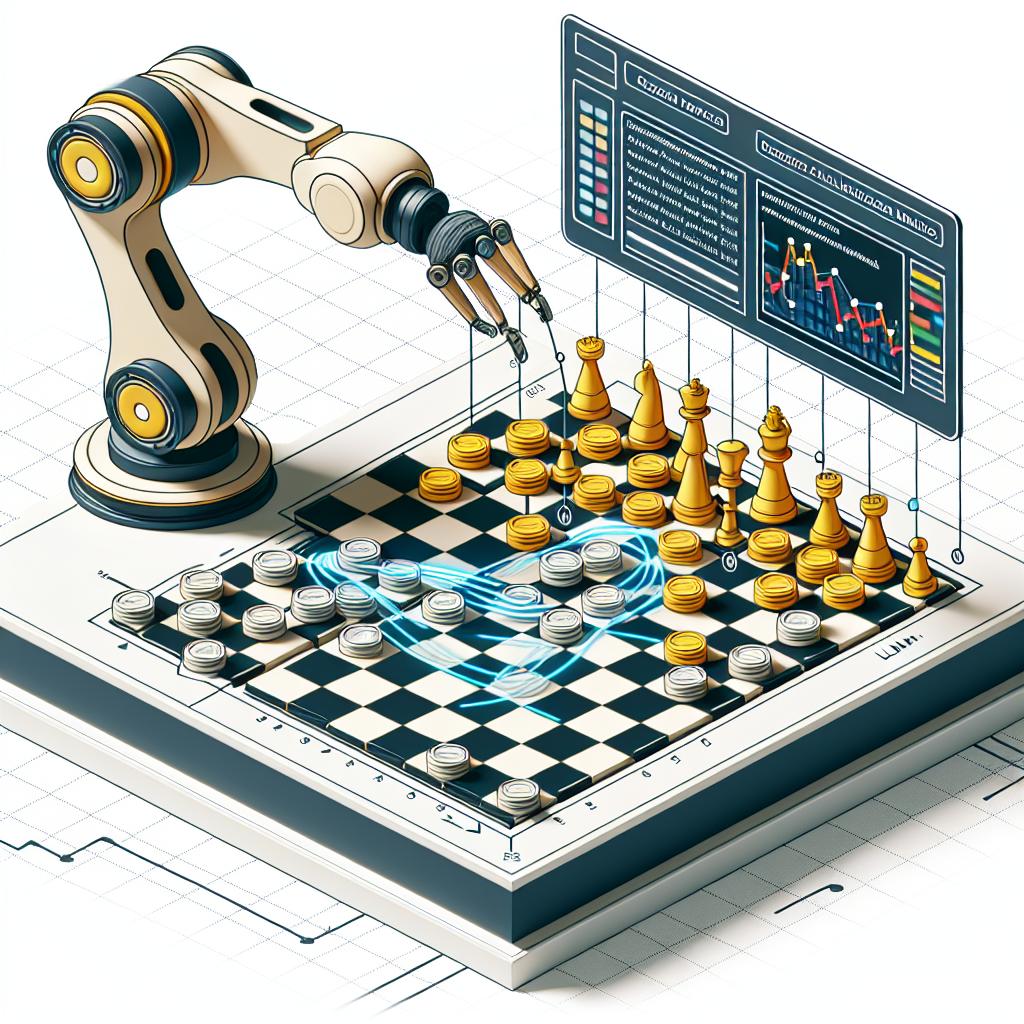 Depict a 2D vectorial, corporate-style illustration on a white, textureless background. The scene is of a robotic arm, symbolizing the practical application of large language models (LLMs) in robotics, executing checkers moves under the control of an LLM. The complex game of checkers is being analyzed on a board. The interaction between the machines is highlighted, illustrating the integration of LLMs and robotics. A graphic user interface adds a layer to the scene, demonstrating how an LLM processes the moves. A technological background should subtly exist, emphasizing the innovative and research context of this scenario.