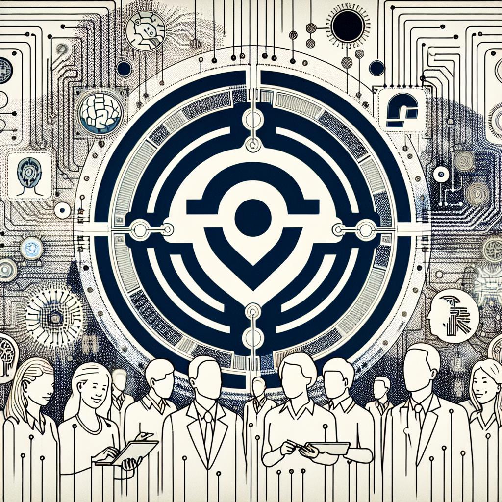 Visualize a scenario set on a 2D, linear perspective with a flat, vectorial and corporate style from the early 20th century. Imagine a white, untextured background with the logo of a famous technology company dominating the foreground. Interpret this logo to be completely fictional without tracing any real-life similar logos. Surrounding this logo are intricate, abstract elements that resemble artificial intelligence circuitry, symbolizing innovation and upcoming functionalities. Depict a diverse group of users - a middle-aged Hispanic female, a young South Asian male, and an elderly Black male - interacting with futuristic devices, illustrating various user experiences.