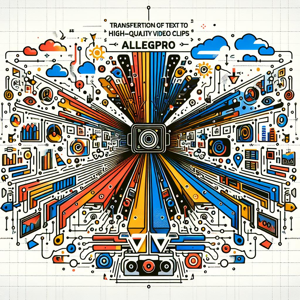 Create a 2D, linear perspective image where the transformation of text to high-quality video clips is shown, signifying the launch of Allegro, an advanced video generation model from Rhymes AI. The style should be vector and corporate. The background should be white and textureless, adorned with technology-related elements, such as circuits or data charts. Incorporate features such as vibrant color palettes to convey creativity and innovation, AI and video icons that symbolize the intersection of technology and creation, floating words to represent conversion from text to video, and a futuristic setting to evoke a sense of technological advancement.
