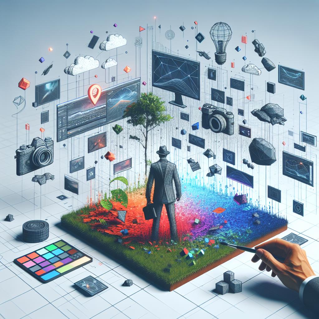 An innovative 2D, flat, corporate-style, vector artwork visualization on a plain, untextured white background. The image portrays a photographer, symbolizing image creation, manipulating a digital environment scene. The environment is laced with vibrant colors drawing attention to innovation and features elements hinting at video games. To illustrate the use of synthetic data, the digital environment is filled with game objects. Also, in the scene is a software interface representative of game engines like Unity and Unreal Engine, showcasing the evolving future of AI image generation.