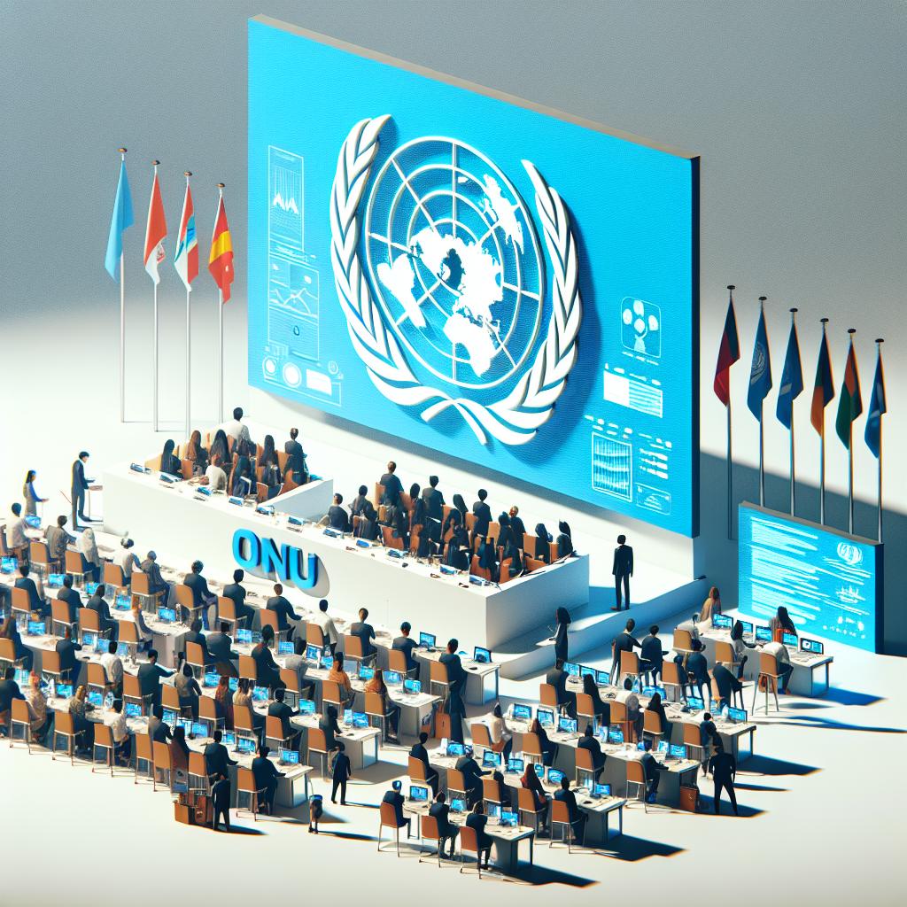 Render a 2D, flat, corporate-style image on a textureless white background. Depict an international conference of ONU, emphasize on the initiative Giga, aiming at connecting all schools worldwide to the internet by 2030. The scene should include dedicated employees engaged in a discussion about Giga, reflecting global interest in digital inclusion. Feature UN flags to symbolize international co-operation. A large screen should be present in the scenario, displaying graphics and data about the number of connected schools. All attendees should be varying in descent, highlighting the global nature of the initiative.
