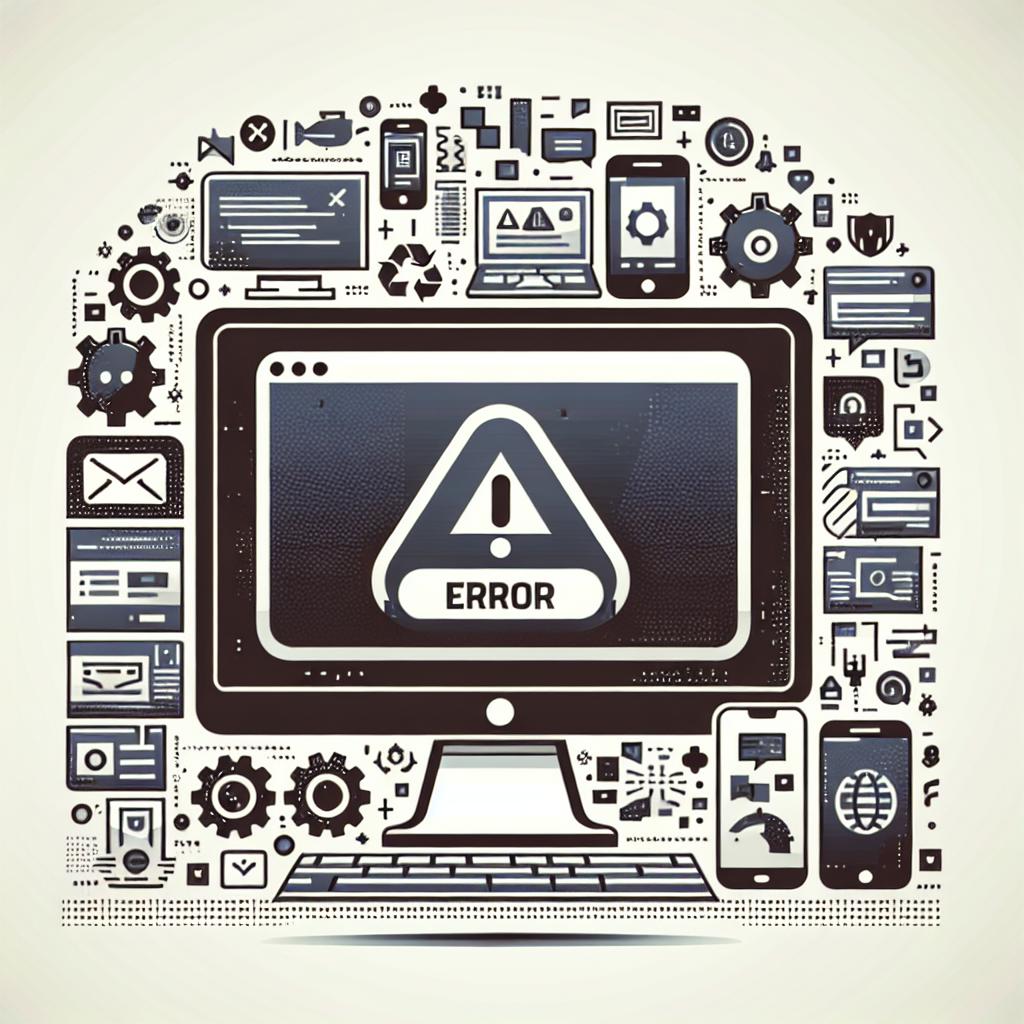 Visualize a 2D, flat, corporate-style vector image. We're looking at a typical online service error screen, symbolizing the difficulty and frustration caused by application errors. The error screen dominates the foreground, representing the technical issues users are facing. It is surrounded by various lay flat icons of different online services to signify the diverse platforms affected. The color palette is sober, employing a clean white background and matte textures that communicate the seriousness of this error situation.