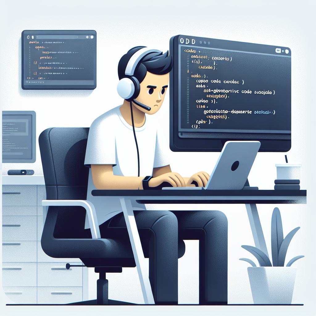 Create a 2D, flat, corporate-style, vector image over a white and textureless background. Start with a programmer, who sits concentrated in front of a computer screen. They're wearing headphones and completely absorbed in their work. The focus of their attention is a Databricks Notebook on the screen displaying auto-generated code suggestions from a tool called Codeium. Surround them with a modern office setting that suggests a collaborative workspace. This depicts the concept of coding made seamless and efficient by AI-powered tools.