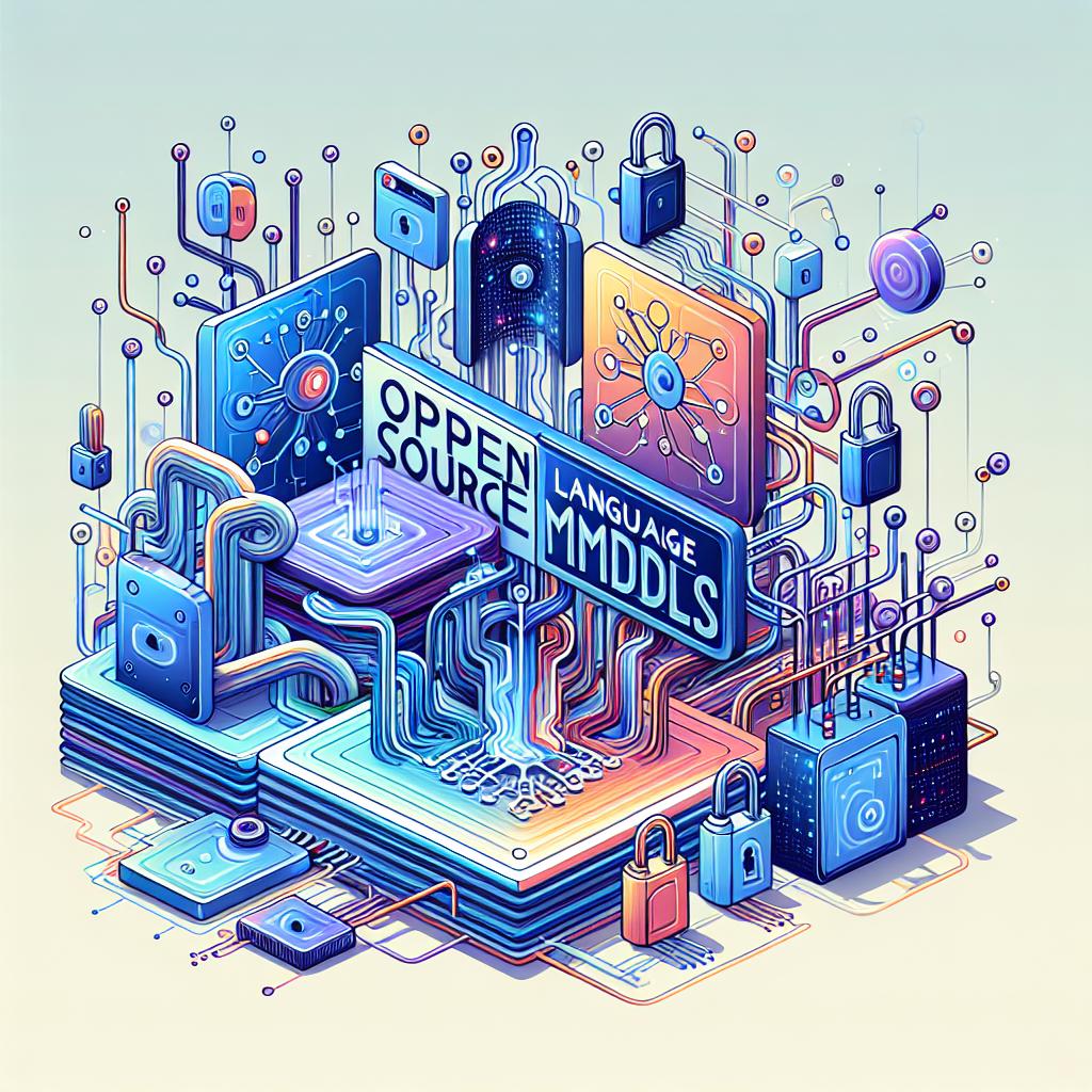 Create a 2D, vectorial, and flat image on a plain white background. The composition represents the evolution of open-source language models with visual elements of technology. Craft a scene where circuits symbolizing connection and the technology behind the models intertwine, while moving data illustrates the dynamics of AI models. Iconic padlocks should be interspersed throughout the scene, representing data privacy protections. Apply cool shades of color within the image for a sense of technology and innovation. An emphasis should be placed on 'Open Source LLMs' text incorporated somewhere within the composition to articulate the theme of the article.