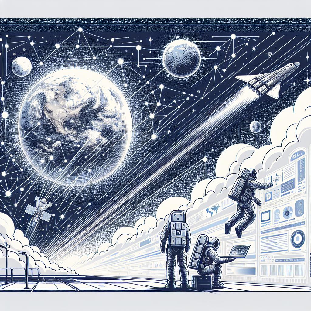 Design an image in a corporate-style, 2D flat vector art, set in a white and untextured background. The scene gives a futuristic vision of astronauts working in a space environment, grappling with cutting-edge generative AI technology. It encapsulates the interaction between humans and machines. In the background, depict the Earth and stars in space, symbolizing the connection between humanity and the cosmos. The astronauts represent the human exploration of space, while spacecrafts illustrate the advanced technology. Finally, incorporate clouds of data to embody the concept of AI analysis. Be sure to maintain a linear perspective.