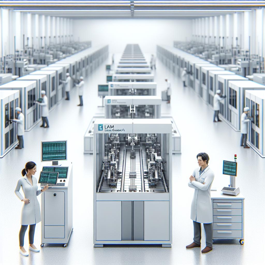 Render a 2D, linear perspective, vetorial style image set in a cutting-edge semiconductor lab, foregrounding Lam Research's two new Artificial Intelligence chip-making tools. The clean, textureless background is pure white, highlighting the technical, corporate environment. Within the scene, operators from divergent descents and gender - a Hispanic female and a Caucasian male - confidently manage the machines, reinforcing the practical application of these innovative tools. The edge-of-industry fabrication equipment is prominently displayed, enhancing the advanced technology visible in the lab.