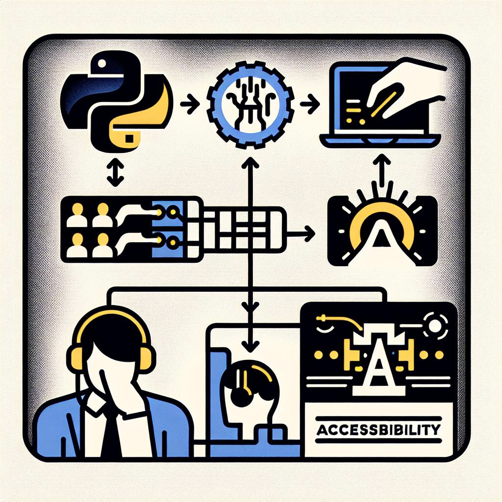 Create a 2D, linear vectorial image with a flat, corporate style on a white, untextured background. The image explains the automated process of generating subtitles for videos using Python and AssemblyAI. Key elements: a symbolic representation of the Python programming language rather than its logo, an emblem symbolizing transcription tool AssemblyAI instead of its logo, a video clip with subtitles illustrating the practical application of the process, and an accessibility graph indicating the benefits for diverse audiences.