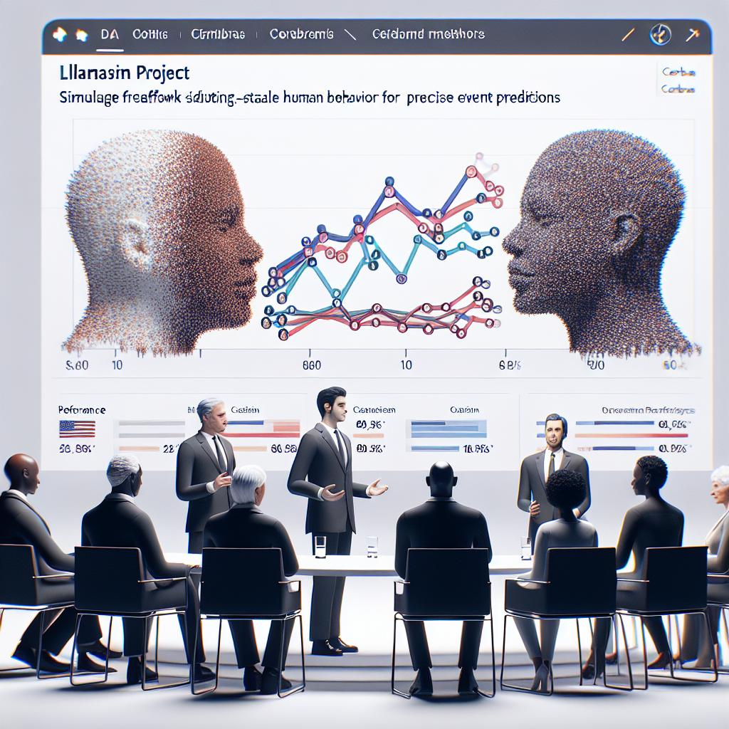 Create a 2D, flat, corporate-style vector image on a plain white and textureless background. The scene captures the essence of the LlamaSim project, a cutting-edge framework focused on simulating large-scale human behavior for precise event predictions. The image includes virtual agents interacting with one another in a digital setting, metaphorically representing voters discussing electoral matters. The agents symbolize a demographic diversity of voters, illustrating a range of genders and descents such as Caucasian, Hispanic, Black, Middle-Eastern, and South Asian. Overlaying this scene is a performance graph that communicates the efficiency of Cerebras' advanced technology in relation to other models.