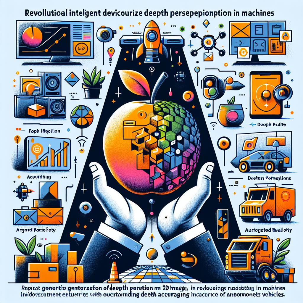 Depict the unveiling of a fictional intelligent device, Depth Pro, by a popular fruit-themed technology brand on October 4, 2024, envisioned to revolutionize depth perception in machines, impacting industries like augmented reality and autonomous vehicles. The image should show the Depth Pro model in action, demonstrating rapid generation of depth maps from 2D images; it has varied environment visualizations with outstanding depth accuracy of 3D objects. Create this image in a flat, vector style with a corporate feel to it on a textured-free white background. Incorporate vibrant colors to invoke attention and reflect innovation, the logo of the fruit-themed technology brand indicating the origin of the technology, 3D environment images showing practical applications of Depth Pro, and icons representing e-commerce and autonomous vehicles showcasing the major sectors impacted.