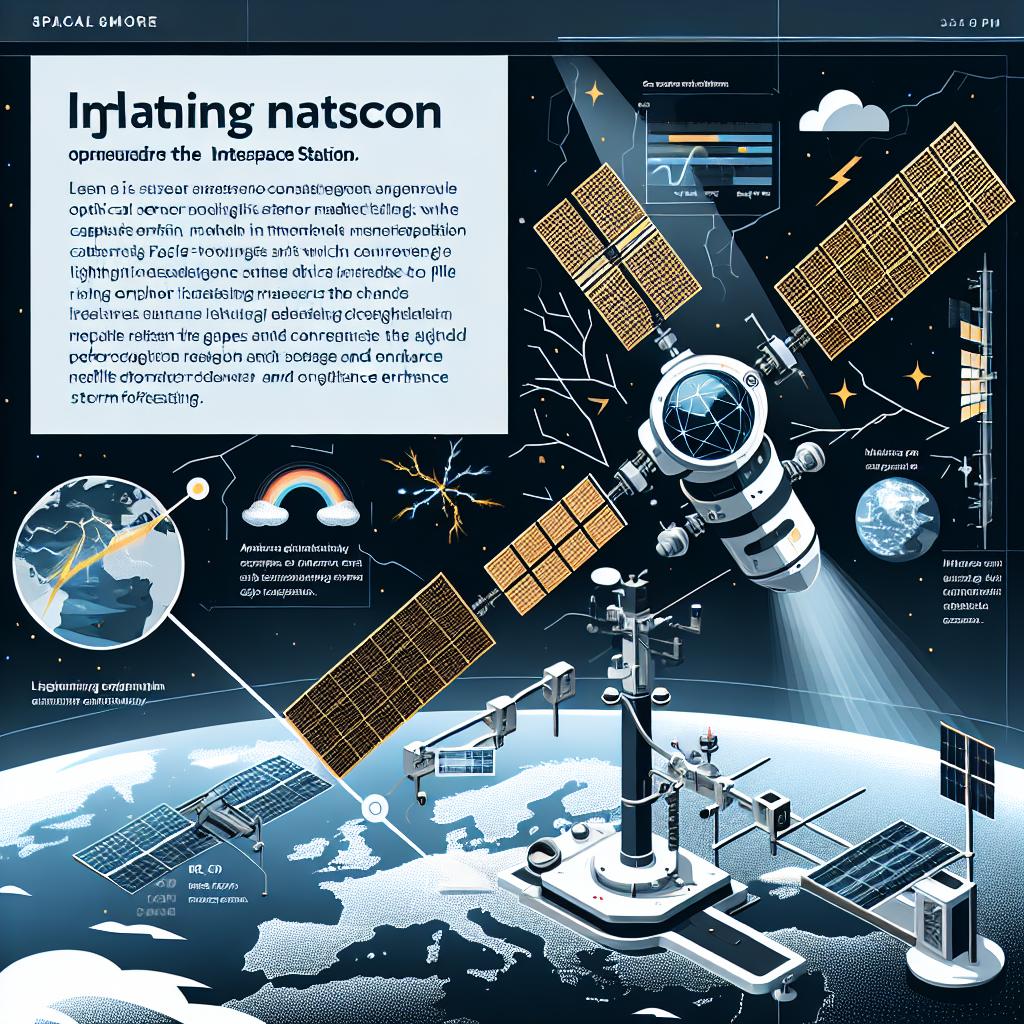 Imagine a sleek and innovative optical sensor named Falcon Neuro mounted on the International Space Station. It is constantly capturing high-precision lightning data which contributes significantly to fill the gaps in meteorological research and enhance storm forecasting. Amidst the rising occurrence of lightning due to climate change, the Falcon Neuro is depicted in action; lightning is detected and signaled on its display. The backdrop of the scene is Earth viewed from space. The overall style is flat and corporate, with a vectorial, 2D, and linear representation. The background is plain white with no texture. Additional visual elements include the representation of atmospheric electrical activity through lightning visual effects and data graphics that denote the sensor's advanced technology and accuracy. The entire scene encapsulates a fusion of science, technology, and nature.