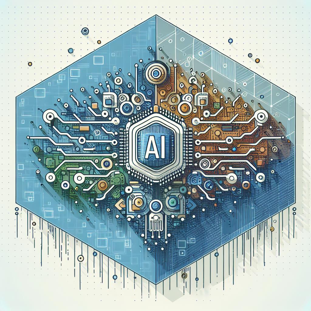 Create a 2D, linear perspective image with a white untextured background. The image should be colourful, representing the technological impact of artificial intelligence in a corporate, vector style. In the image, represent the essential components of AI technology, depicted as advanced technological elements and chips. These elements are cast upon a digital background, symbolizing the era of information and technological transformation. Be sure to apply the use of blue and green colors, symbolizing technology and innovation respectively.