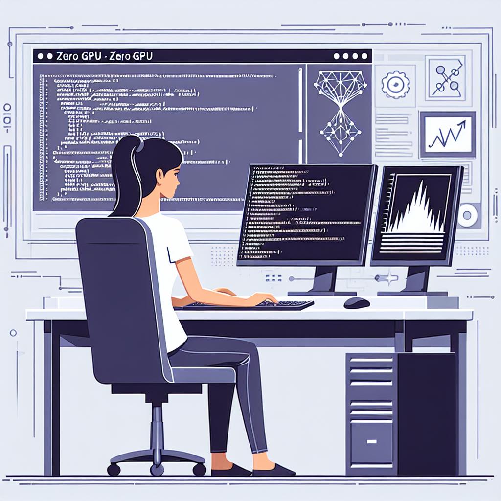 Create a 2D, flat, corporative style vector illustration depicting a South Asian female developer working in a ZeroGPU environment. She is sitting at a desk, focused on a computer screen displaying code lines. A second monitor shows dynamic performance graphs. The overall scene should showcase a high-tech setting, communicating a connection with artificial intelligence innovations. The background setting is plain white textureless, highlighting the technical aspect of the work environment.