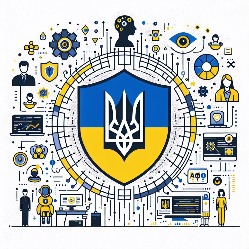 Create a 2D, vector-styled, corporate themed image in a flat and linear perspective on a white and textureless background. The image should illustrate the collaboration between the Ministry of Social Affairs and an Artificial Intelligence company. Incorporate elements such as logos that identify the collaborators, colors of the Ukrainian flag as a symbol of support for local initiatives, avatars of AI technology, and a digital backdrop to indicate the modernization of services.
