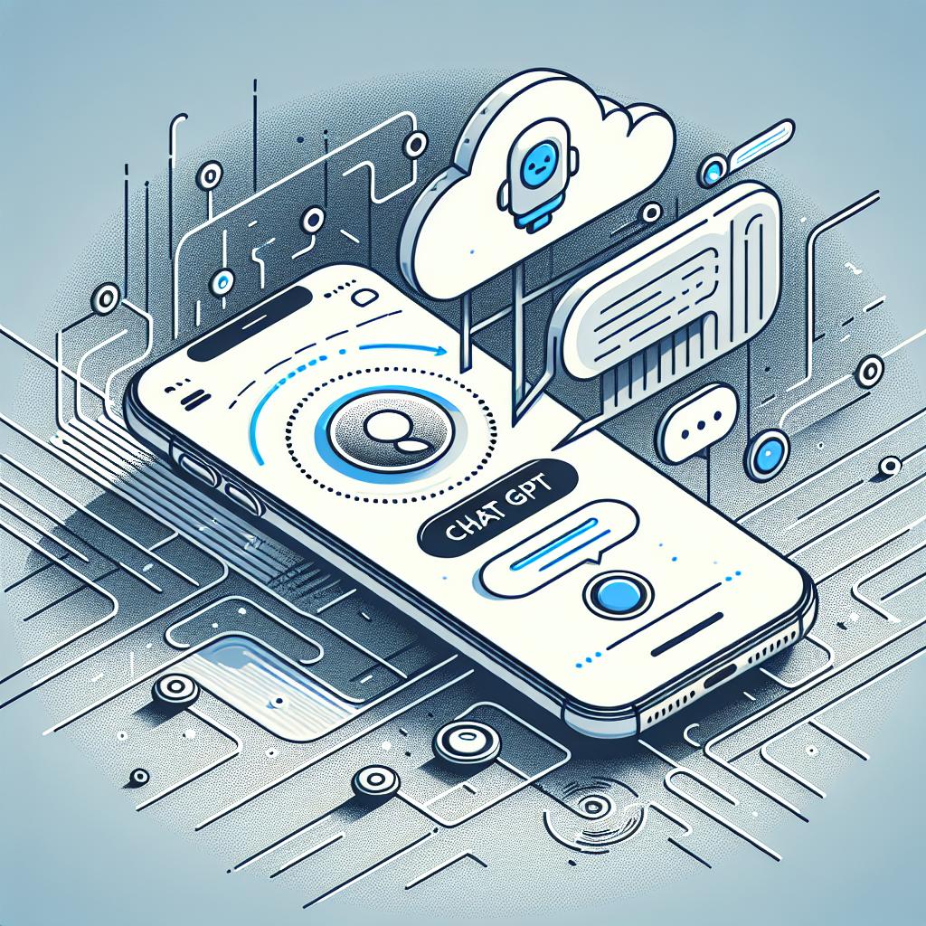Create a 2D, linear image in a flat, corporate vector style. The scene is set on a white, textureless background, portraying the modern tech atmosphere. At the center of the scene, we see a detailed iPhone symbolizing users of the new technology. On the iPhone's screen, emphasize the header of the 'ChatGPT' to depict the interface of the voice assistant. Highlight the action button on the iPhone, indicating the main functionality of easily accessing the ChatGPT Voice Mode. This image showcases the practical mapping of the Advanced Voice Mode of OpenAI's ChatGPT to the iPhone's action button.