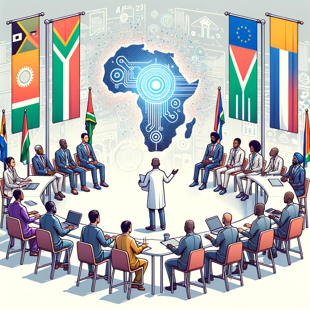 Create a 2D vector style image with a flat, linear perspective and a white, textureless background. The image presents a vibrant conference scene, representing the African AI community. At the center of the scene, a central male figure of South-Asian descent, signifying a research engineer, interacts with other participants of various African descents, highlighting the diversity of the AI community in Africa. Scattered around the room, there are also flags from different African countries, symbolizing the unity around AI. Near the center, include a generic logo to denote the important event, Deep Learning Indaba. Throughout the room, scatter pieces of technology equipment to signify practical application and research in AI.