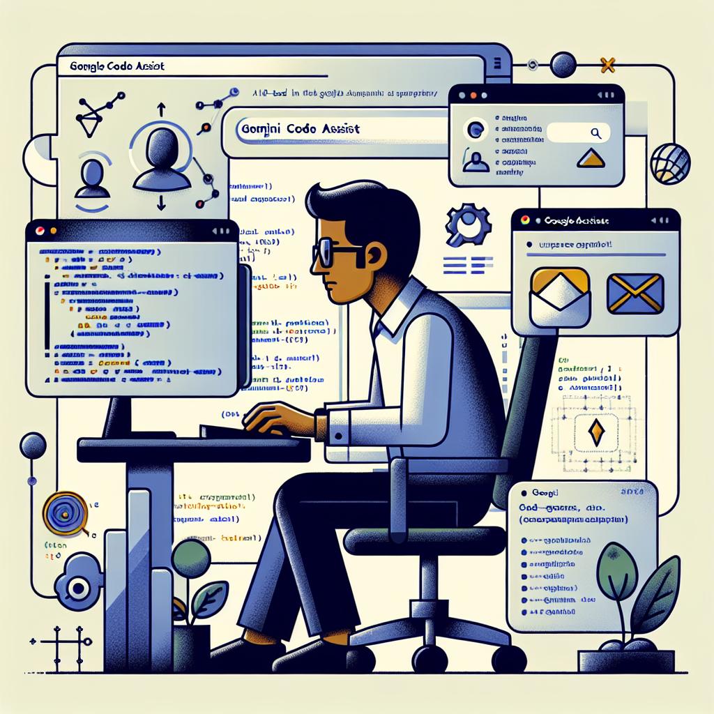 A 2D, corporate-style, flat, linear, vectorial illustration on a bland, white background. The focus is on a developer of South Asian descent, working within the user interface of a new, AI-based coding assistant named Gemini Code Assist. The developer is shown to be engaged in the act of coding, with the interface of the tool visible. Additional elements include a symbolic representation of Google Login, indicating the tool's accessibility through a Gmail account. In the background, there are code snippets symbolizing the development-centric focus of the tool, and comparative graphics between Gemini Code Assist and other similar tools, highlighting its superiority. There are also usage graphs that symbolize the democratization of access with this new product.