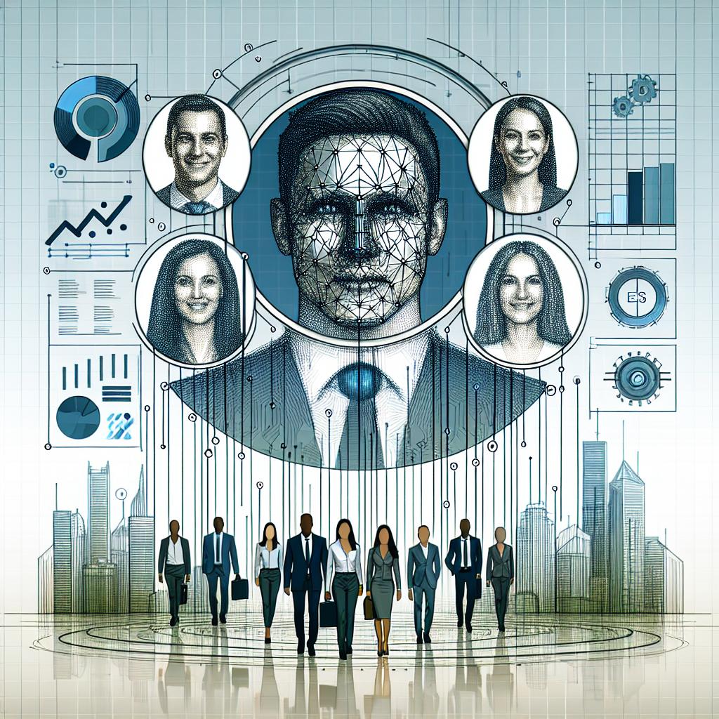 Picture this as a flat, corporate-style, and vector-based image in 2D linear perspective on a white, textureless background. The impact of the new leadership at a facial recognition company is shown. Avoid mentioning the exact names, but represent the new leadership as a business team with diverse members hinting at different gender and ethnic descents. To symbolize the company, include a generic logo instead of the actual brand. Positive financial performance is indicated by growth-charts, and the technological environment in which the company operates is hinted at by a cityscape. Integrating elements of technology and innovation throughout the image will reinforce the modern feel.