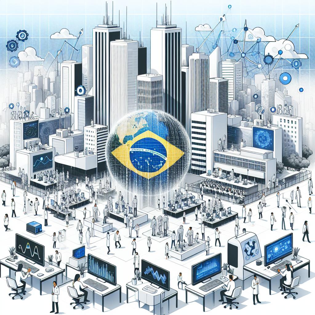 Imagine a futuristic illustration of an artificial intelligence (AI) laboratory within a Brazilian setting. The lab is packed with scientists from varied gender and ethnic backgrounds, busily working on cutting-edge technology. The environment is packed with computers, symbolizing the necessary technological infrastructure. Charts and graphs are everywhere, symbolizing data growth and analysis. 3D representations of data float before various screens, symbolizing the complexity and potential of AI. The style is 2D and linear, modern but also corporate. The background is white and textureless, contrasting with a pop of blue symbolism for technology and innovation.