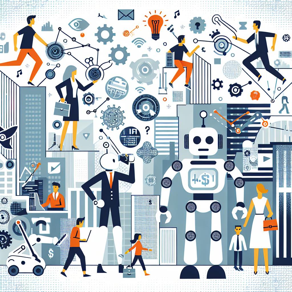 Portray the impact of Artificial Intelligence on the job market predicted by a world-renowned unnamed Silicon Valley billionaire and venture capitalist. This illustration should showcase AI and human workforce interacting - robots efficiently performing tasks while humans focus on creative and social activities. The image should be in a vector, corporate, and flat style. A white, textureless background with a 2D, linear perspective should frame the image. Noteworthy elements include robots symbolizing automation and the future of work, cheery people of varied descent and genders representing the potential for a more meaningful life, urban settings to reflect modernity and social transformation, and money icons to underline the discussion on Universal Basic Income.