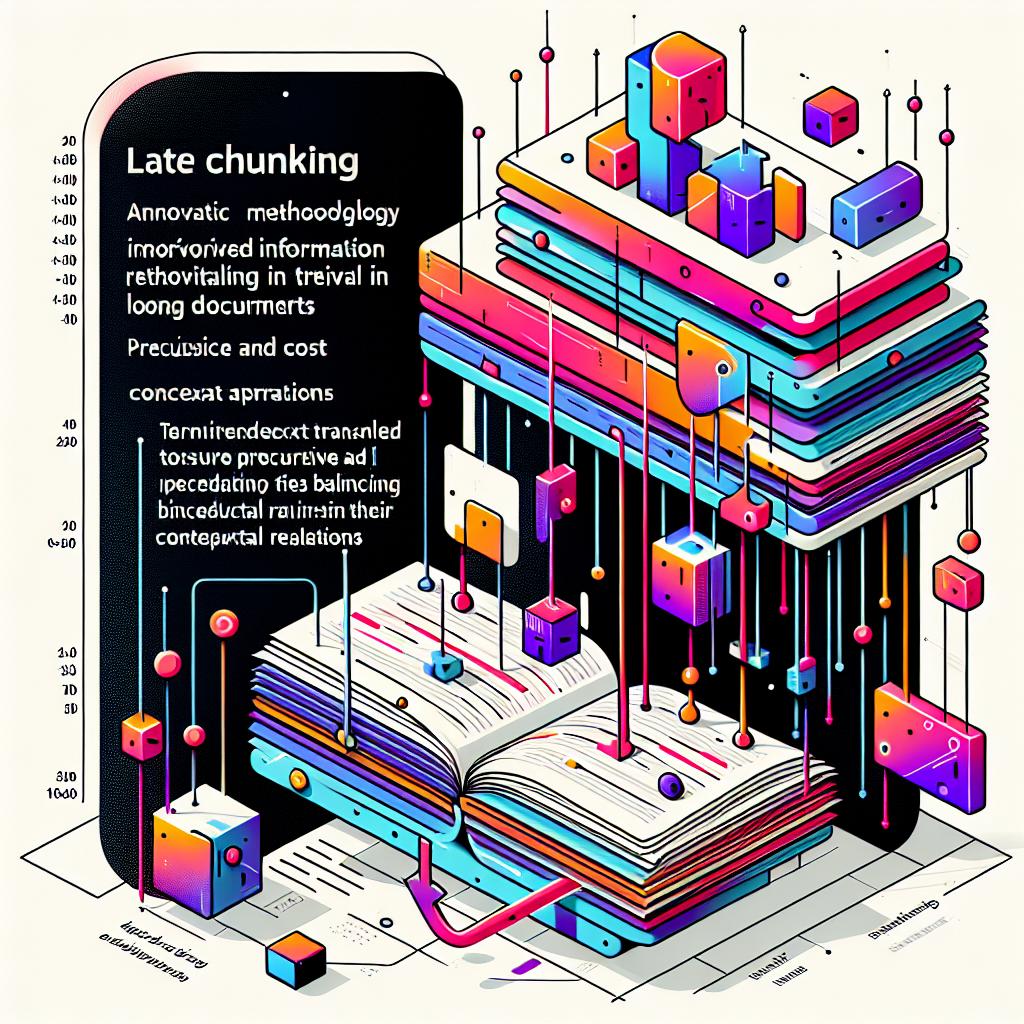 Produce a vector-style illustration showcasing an innovative methodology called 'late chunking' introduced by a futuristic AI company on September 5, 2024, targeting improved information retrieval in long documents and balancing precision and cost. The scenario should involve fragments of text transformed into embeddings, with lines connecting the parts to highlight their contextual relationships. It should display the difference between traditional approaches and this new proposition. Set against a stark, textureless white background with a linear 2D perspective. The additional elements to be included are colorful vibrant fragments of text that epitomize how 'late chunking' dissects pieces of information, and connective lines symbolizing the contextual relationship maintained among embeddings.