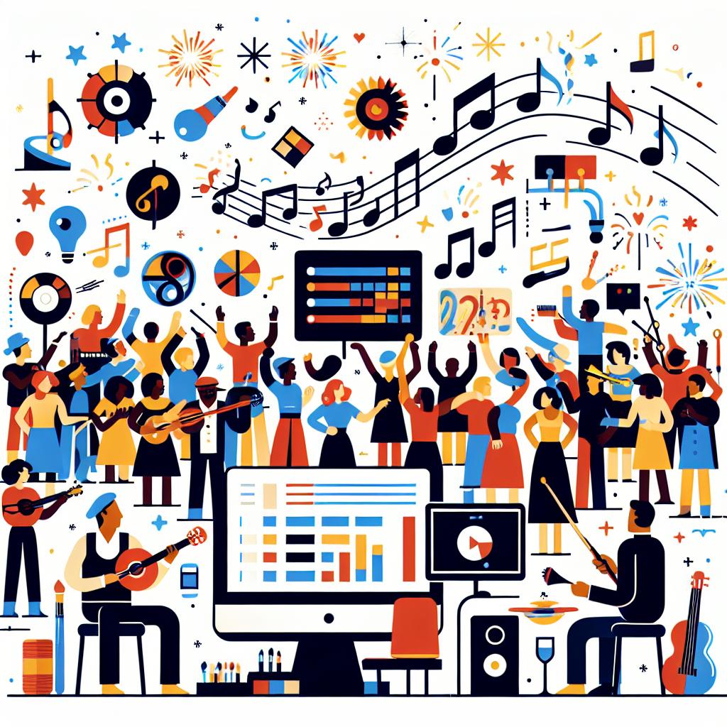 Create a corporate-style 2D vector illustration on a featureless white background. It will represent a vibrant panel of community interaction, including digital art elements and musicians collaborating in a festive atmosphere. Specific elements should include musical notes to symbolize collaborative musical creation, brushes and canvases, symbolizing digital art, fireworks, symbolizing festivities, and people of diverse descents such as Caucasian, Hispanic, Black, Middle-Eastern, and South Asian all equally represented, symbolizing the diversity in the community. Finally, include computers to emphasize the technology used in the events.