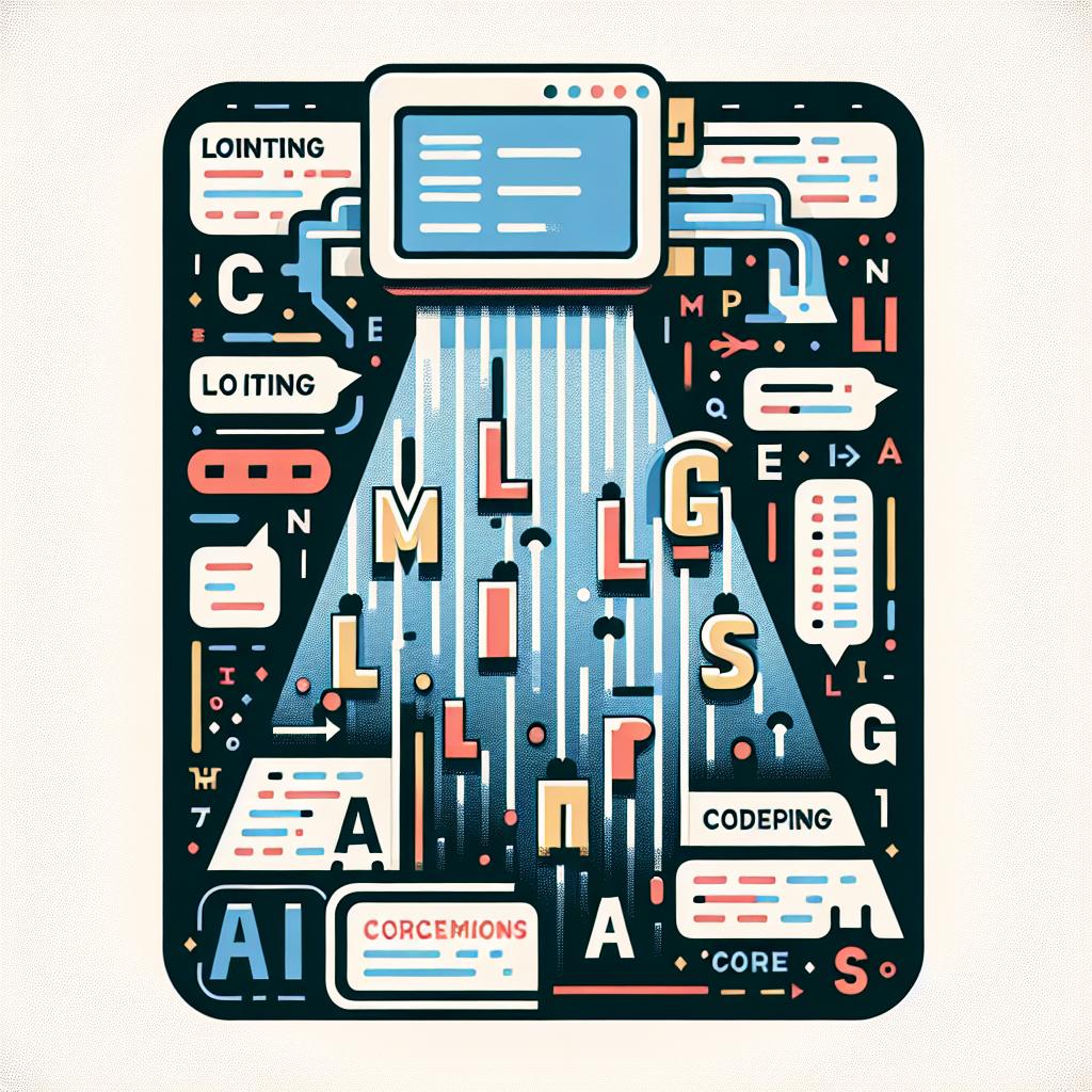 Create an image in a flat, corporate, vector style to represent the limitations of Large Language Models (LLMs) like ChatGPT and Claude in counting letters, which emphasizes the difference between artificial intelligence and human reasoning. The image should be in 2D, linear perspective on a white, textureless background. It should contain various letters symbolizing the LLMs' failure in letter counting and a background filled with codes to symbolize the requirement for programming corrections. Additionally, consist AI symbols to further highlight the contrast between human and artificial intelligence.