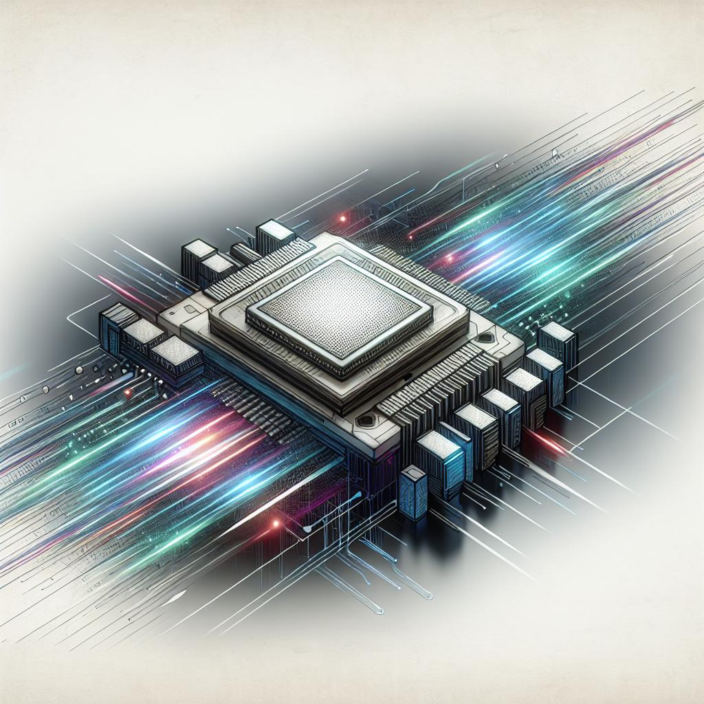 Create a 2D, flat vector representation of the futuristic Passage optical interconnector being used in a modern data center. Imagine a modern technological device comprising interconnected chiplets with visible light signals. The background is white and textureless, with an additional overlay of a dark tone to accentuate the vibrant, bright colors symbolizing the speed and efficiency of optical technology. Emphasize the chiplets, representing innovative processors, and lines of light, showcasing rapid communication between chiplets.