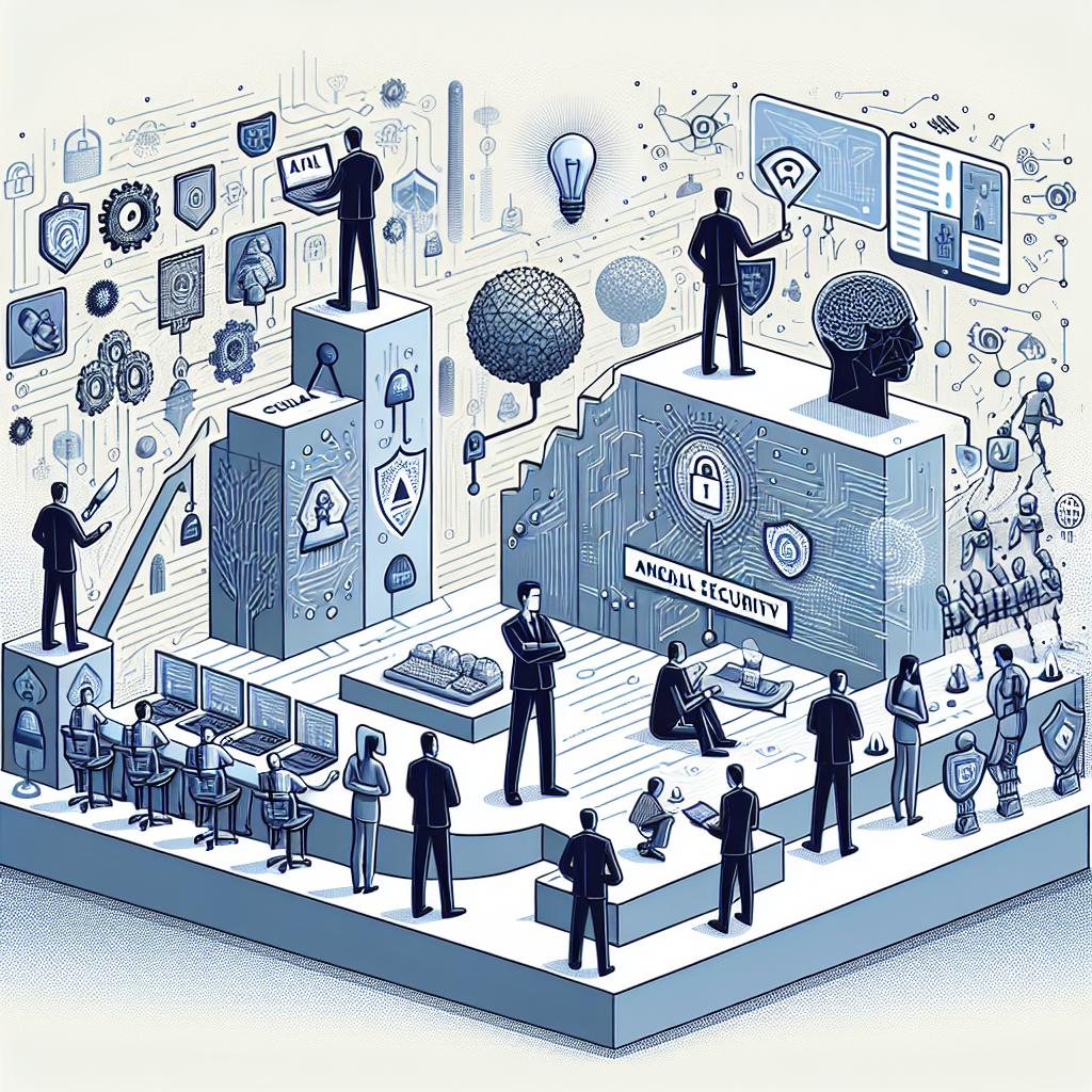 Create a detailed 2D, vector-graphic style illustration that provides a narrative of struggle between organizations and the new cyber threats generated by AI. The scene should be set against a non-textured white background. Integrate icons that represent digital security, symbolizing the vigilance and protection of information. Add symbols for AI to denote the emerging technologies that pose both solutions and challenges. Lastly, include a technological backdrop that emphasizes the digital environment in which these threats occur. Keep the overall design in line with a flat, corporate visual aesthetic.