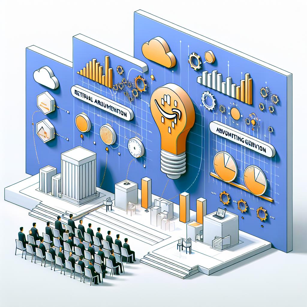 Develop a 2D, vector-style and corporate flat image to represent the Amazon Web Services (AWS) re:Invent 2024 event. The concept of Retrieval Augmented Generation (RAG) should be central, as it symbolizes the new data integration services. The setting is an event conference, with AWS logo - representing the company behind the innovation. Graphs and charts symbolize data integration and analysis, and artificial intelligence (AI) symbols indicate their application in solutions. Please ensure that the background of the image is untextured white.