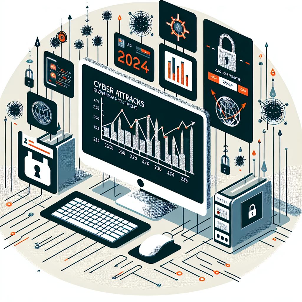 Create an informative digital illustration in corporate and flat style with a clean white, textureless background. The image should be designed from a 2D linear perspective. The primary theme is cyberattacks' growing threat in Brazil, based on a 2024 study. Embed statistical graphs to signify an escalation in cyber threats, computers to symbolize the digital environment and its susceptibilities, and padlocks to symbolize security and data protection. All elements should feature a vector design to resonate with the flat, corporate style.