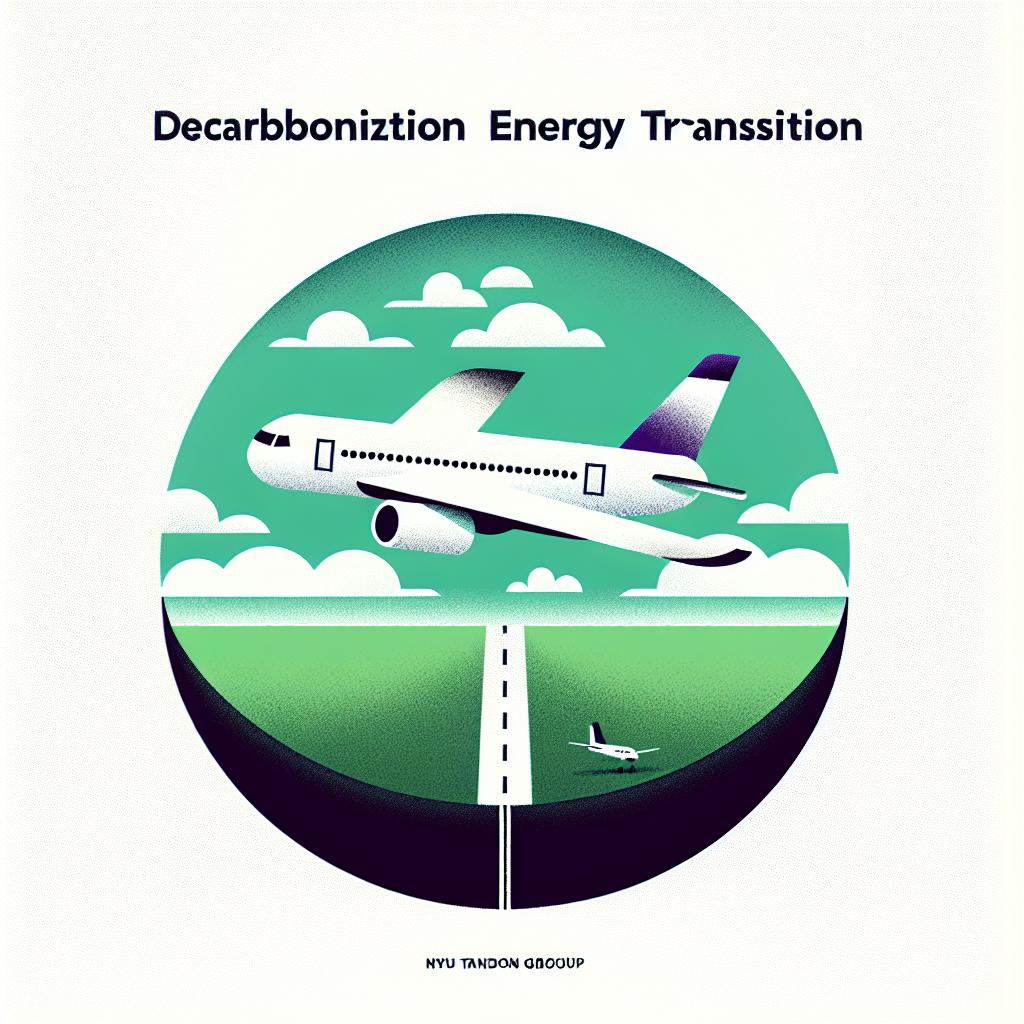 Create a 2D, flat, corporate style vector illustration on a white, textureless background. The image should feature an airplane flying over a green landscape to represent the necessity for decarbonization in the aviation sector and the connection between technology and nature. The sky should be clear, signifying an environmentally sustainable future. This image symbolizes the mission of a NYU Tandon research group pushing for energy transition, focusing on the unique challenges of decarbonizing the aviation industry due its specific energy demands.