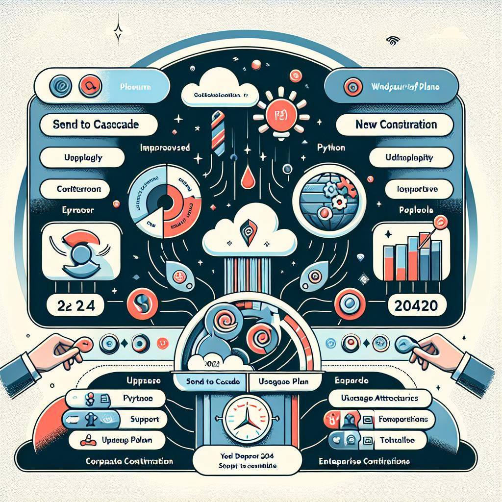 Create a 2D vector illustration in corporate flat style. The image represents the Windsurf platform interface with its updates from December 2024, which improved the service along with the support for Python and new enterprise configurations. Additional elements present in the illustration are a 'Send to Cascade' button symbolizing workflow efficiency, usage plan indicators representing transparency and control, functionality icons highlighting the diversity of new options and a modern attractive theme suggesting innovation and advanced technology. The backdrop of the illustration is white and textureless.