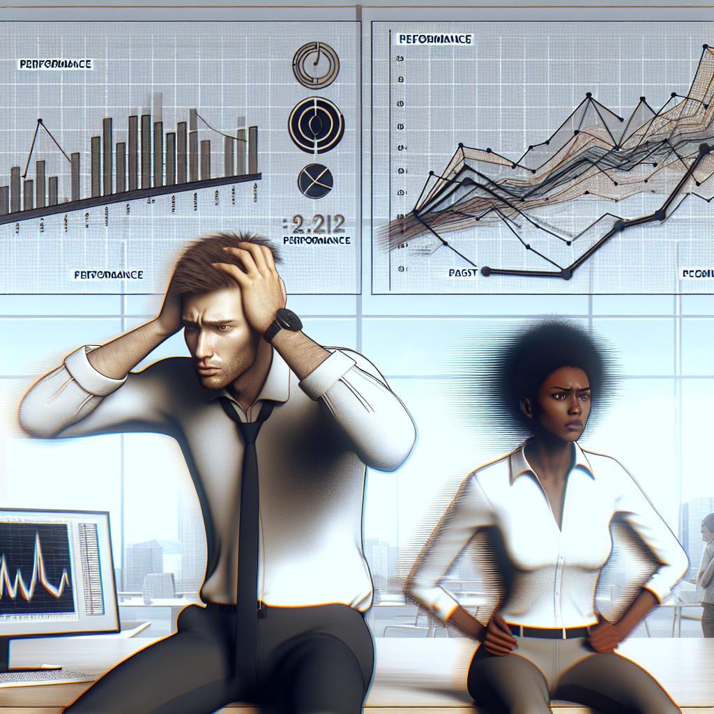 Generate a 2D, vector styled image with a corporate touch, set in a modern office atmosphere symbolizing the high-pressure environment faced by artificial intelligence researchers. The image should feature a Caucasian male and a Black female researchers, both appearing stressed, denoting the mental health implications of their work. In the background, incorporate performance charts displaying the rapid progression of AI. This setting should rest on an unstated, white background for a clean and professional appearance.