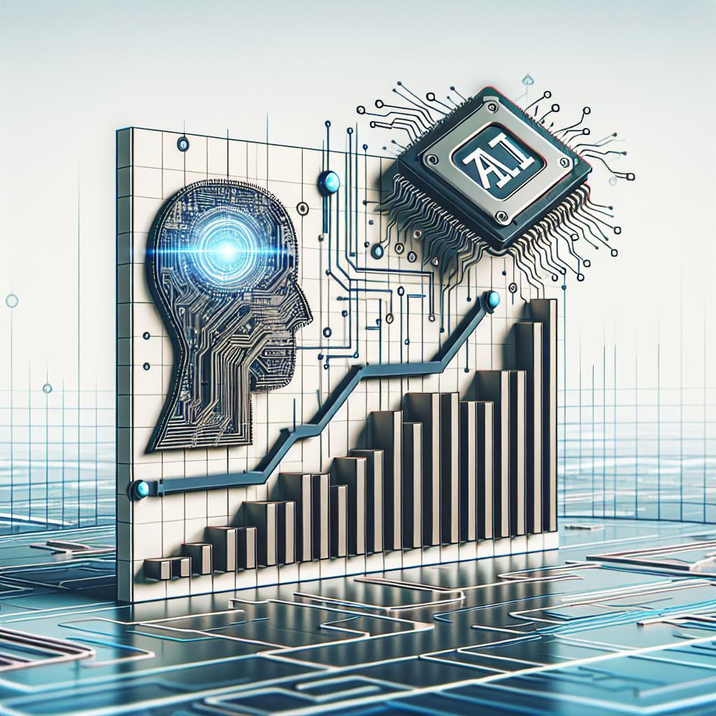 Create an image in a corporate, flat, vector style. The image should be viewed from a 2D, linear perspective. The base of the image is a textureless, white background. On this backdrop, depict an upward trending graph, representing the escalating stock values of a major artificial intelligence technology company. Alongside the graph, present a visual representation of AI chips, indicating the company's primary product. Complement these elements with a futuristic background to convey a sense of technological innovation and advancement.