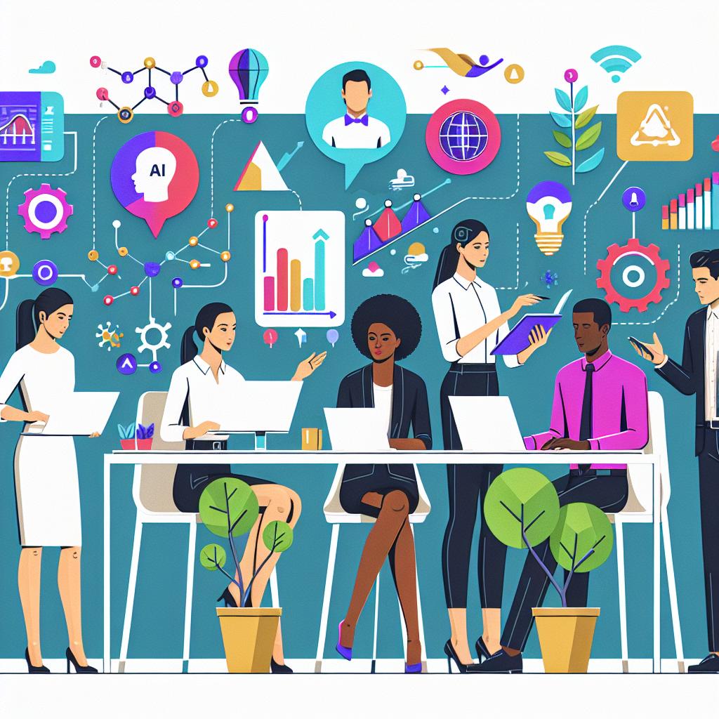 Create a 2D, linear perspective image in a flat, corporate, and vectoral style. The scene unfolds on a texture-less white background. It showcases a diverse team of professionals comprising a Hispanic woman, a Caucasian man, a Black woman, and a Middle-Eastern man using the Monday.com platform to optimize their projects. They are interacting with Artificial Intelligence elements signifying the platform's modernity. Visualize popping elements of technology, such as AI and automation icons. Characterize the scene with vibrant colors to signify dynamism and innovation. Also, include performance graphs to denote how AI contributes to improved outcomes. This scene represents the inclusivity of the platform and its ability to cater to users of all kinds.