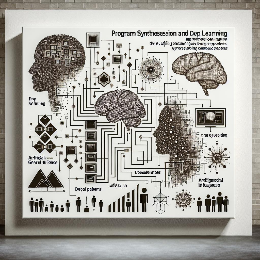 Create a 2D, flat, business-like image with a white, textureless background that captures the intersection of program synthesis and deep learning. In the evolving scenario of Ndea lab, depict program synthesis and deep learning as crucial stepping stones towards Artificial General Intelligence (AGI), emphasizing their difference from deep learning and their potential to solve complex problems. The visual elements should include data graphs symbolizing the analysis and evolution of program synthesis techniques, circuits representing the theoretical conceptions of programming and intelligence, and abstract embodiments of AI visualizing the progress in creating intelligent systems.