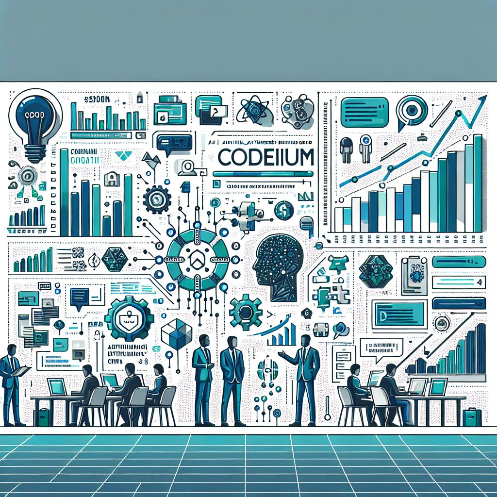 Create a 2D, Flat, Vector-style image for a corporate setting in a linear perspective. The subject is the startup Codeium specializing in Artificial Intelligence-driven coding. They are in negotiations for a new funding round, valued at $2.85 billion, merely six months after an earlier funding round of $150 million. Design a graph or a collage of images that narrate the rise of Codeium in the AI-driven coding sector. This should include code icons and growth charts. The image should also contain a dynamic background portraying innovation and technology, with a white, untextured backdrop. Employ blue and green color schemes, which are commonly associated with technology and trust.