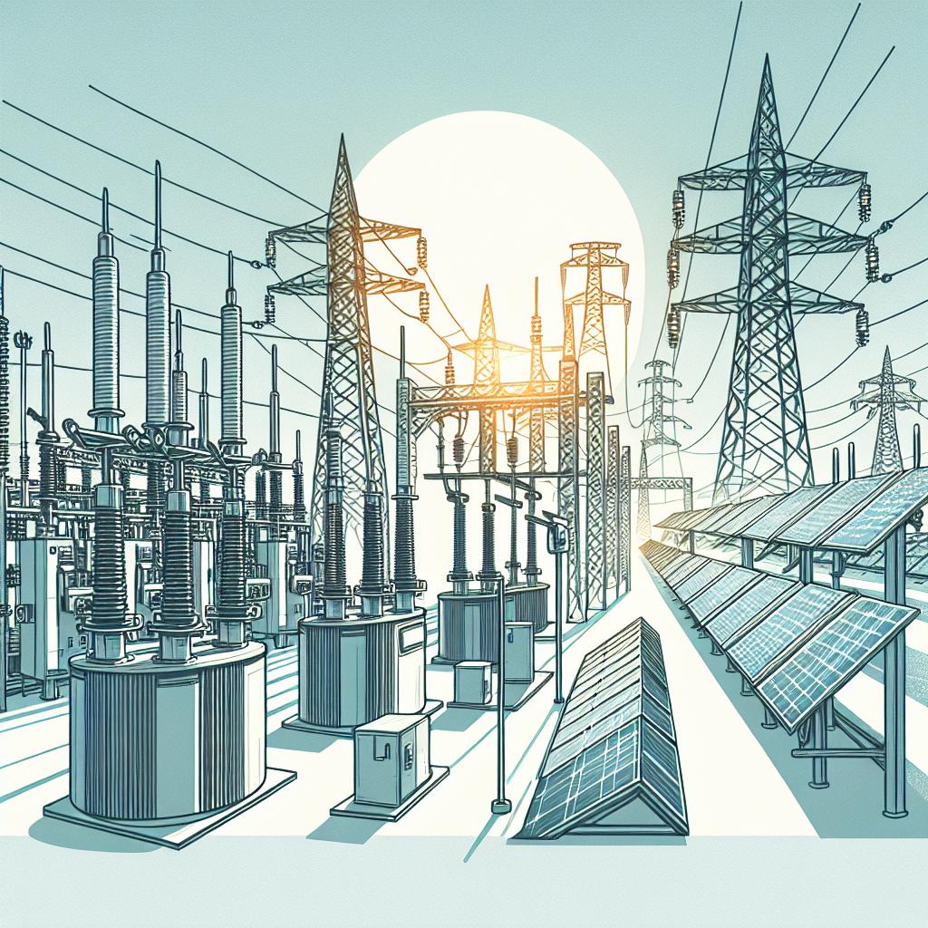 Illustrate a modernization of the electrical grid. The image should include electrical transformers, which will represent the foundation of electric distribution, solar panels to symbolize renewable energy, and a clear sky to portray a promising future. The style should be vectorial, flat, and corporate with a white and textureless background. The image needs to be in 2D with linear perspective.