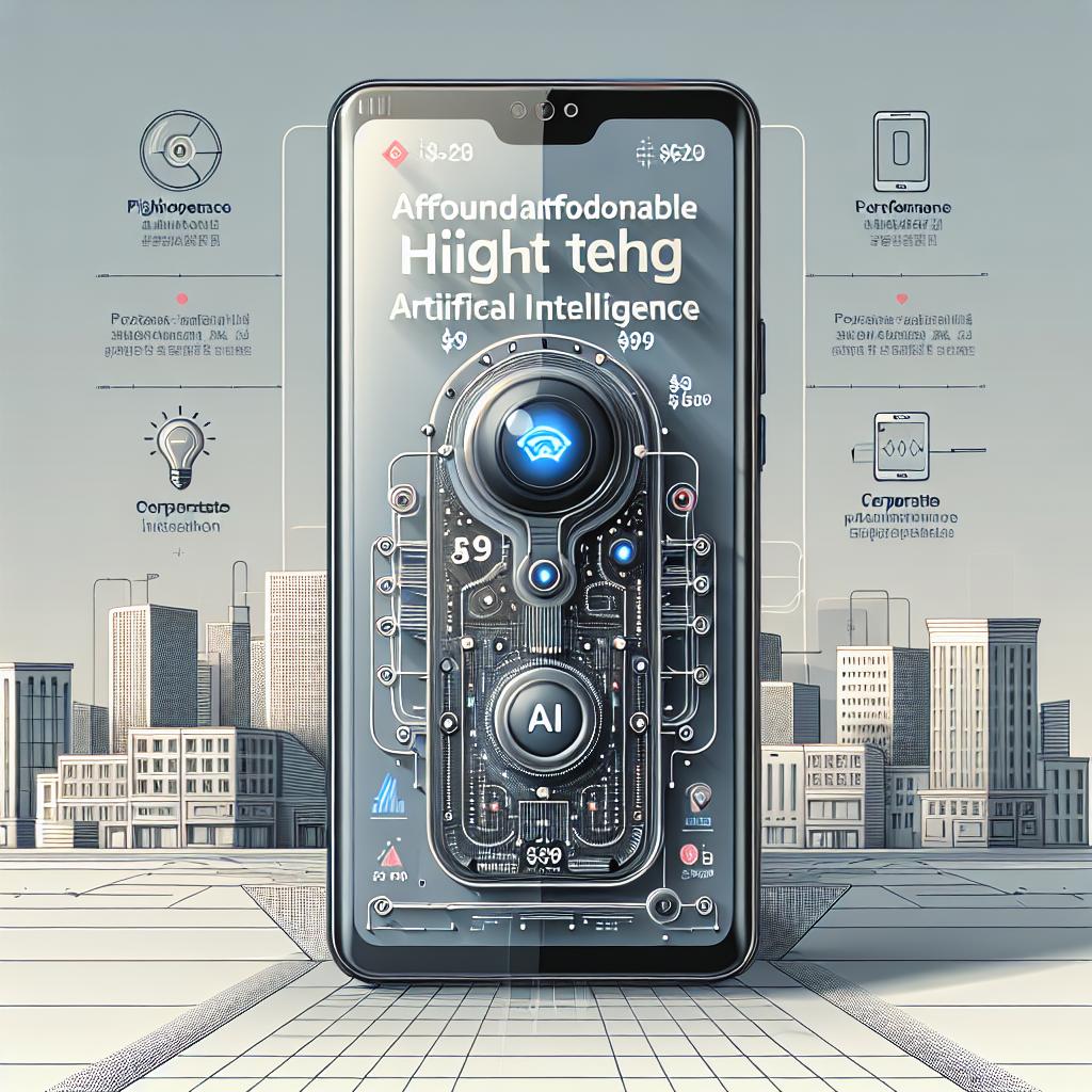 Showcase an affordable high-tech smartphone with artificial intelligence capabilities, priced at $599 and set to launch on 28th of February, placed in an urban environment. This smartphone reflects vector, flat, and corporate design aesthetics. It should be set against a textureless white background, depicted in a 2D linear perspective. Surround the smartphone with elements that highlight its AI features such as high-performance graphics representing the improvements and capabilities of the new model, and AI-related icons to symbolize its functions. Layer the entire image with a modern background to emphasize the innovative design and aesthetic of the model.