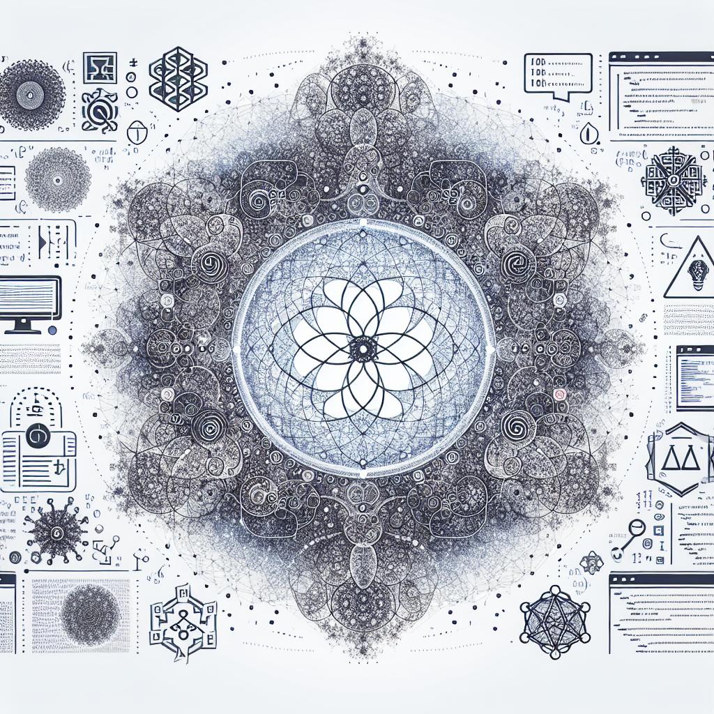 Create a corporate, flat, vector-style 2D image on a white, textureless background. The image should represent the convergence of the Cognitive-Theoretic Model of the Universe (CTMU) and Quantum Collective Intelligence (QCI), illustrating an interconnected quantum system. Show the fusion of CTMU and QCI through various elements including fractals, symbolic of emergent complexity in nature, and quantum entanglement to represent the interconnection of information. Include computer programming code symbols to signify the implementation of artificial intelligence, and ethical symbols to highlight the moral considerations in AI development.