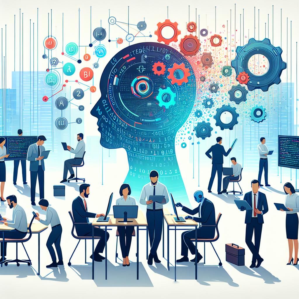Create a 2D vector flat corporate image representing the evolving field of code development driven by artificial intelligence (AI). Show a graphic representation of developers of different races and genders working collaboratively with AI tools against a white, textureless background. The scene is set in a modern office environment, symbolizing the integration of AI into everyday professional life. Add floating codes in the background to indicate the complexity and progress of software development. Use vibrant colors to emphasize innovation and technology. Be sure to highlight the forecasted significant increase in efficiency and democratization of programming by 2025 despite current limitations.