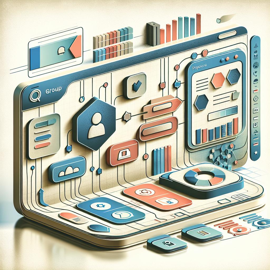 Imagine a 2D, flat, and corporate style vector image that represents the new interface of a Workspace platform management function, with an emphasis on groups and permissions. The image includes a user interface showing a new tab for group management on a textureless white background. Additional elements are data charts, which display the platform's data usage analysis; also, security icons symbolize the protection of resources. The colors applied in the image are soft to convey a sense of ease and efficiency.