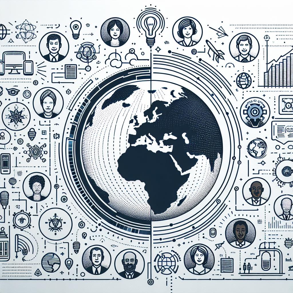 Create an image on a textureless white background seen in a simple, two-dimensional linear perspective. Feature an array of technology symbols to represent the wide scope of innovations celebrated by the IEEE in 2025. These symbols may embody various fields of engineering and technology, such as communications and health. Also, include portraits of the unidentified award recipients, ensuring each individual is depicted as a different gender and from different descents such as Caucasian, Hispanic, Black, Middle-Eastern, South Asian and White. This identity diversification will add a personal and human touch to the awards, representing the inclusivity of the engineering and technology field. To emphasize the impact of these innovations, feature infographics on technological growth framed in a corporate-style vector illustration.