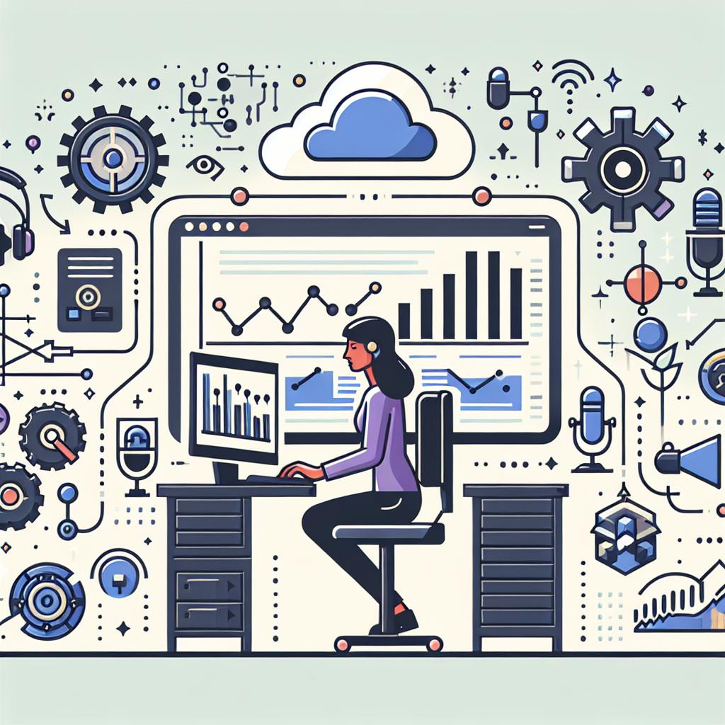 Create an image in a 2D, linear perspective, using a flat and corporate vector style. A South Asian female developer is engaged with a computer, showcasing graphs related to audio transcription performance. Around her is an ensemble of technology icons that symbolize cloud (indicating cloud-based infrastructure like Google Colab), transcription, and communication. The icon of a cloud is indicative of the cloud infrastructure, and a performance chart symbolizes the efficiency and time reduction on transcription using GPU. The computer represents the development interface where the API is configured, and the audio icons signal the transcription of audio files. The setting has a texture-free white background.
