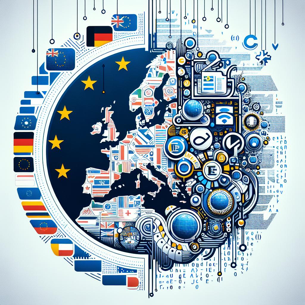 Depict a futuristic vision of linguistic diversity in Europe, showcased by the launch of an advanced multilingual language model, EuroLLM-9B. The flat, 2D corporate design must demonstrate a synergy of culture and technology. Against a white, texture-less backdrop, incorporate elements that reflect Europe's linguistic diversity, technological advancement, and geographical focus. Include the flags of EU as a tribute to the prevalent languages of Europe. Showcase symbols of technology like icons and electronic circuits referencing AI and technological prowess of this venture. Contextualize the region's focus with a map of Europe. Include programming codes suggesting the technical nature of the language model.