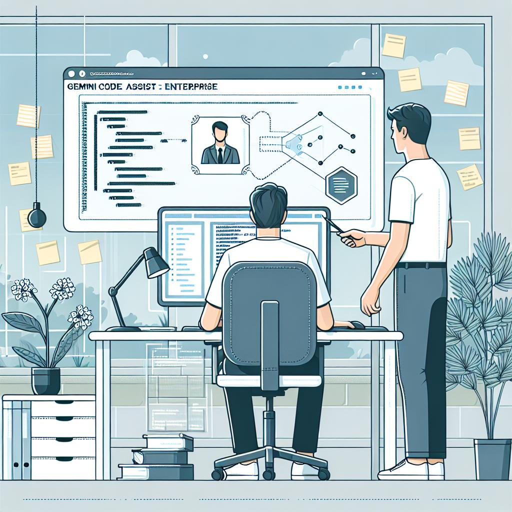 Create a 2D, vector, flat, corporate-style image set in a modern workspace. The focal point of the scene should be a concentrated developer looking at a computer screen where the Gemini Code Assist Enterprise coding assistant is operational. The computer screen should have visible code snippets and diagrams demonstrating the function of the coding assistant. Additionally, the workspace should have sticky notes symbolizing the developer's customizations and annotations, as well as indoor plants in the background adding a touch of modernity and wellness. The overall image should be on a linear perspective with a minimalistic, untextured white background.