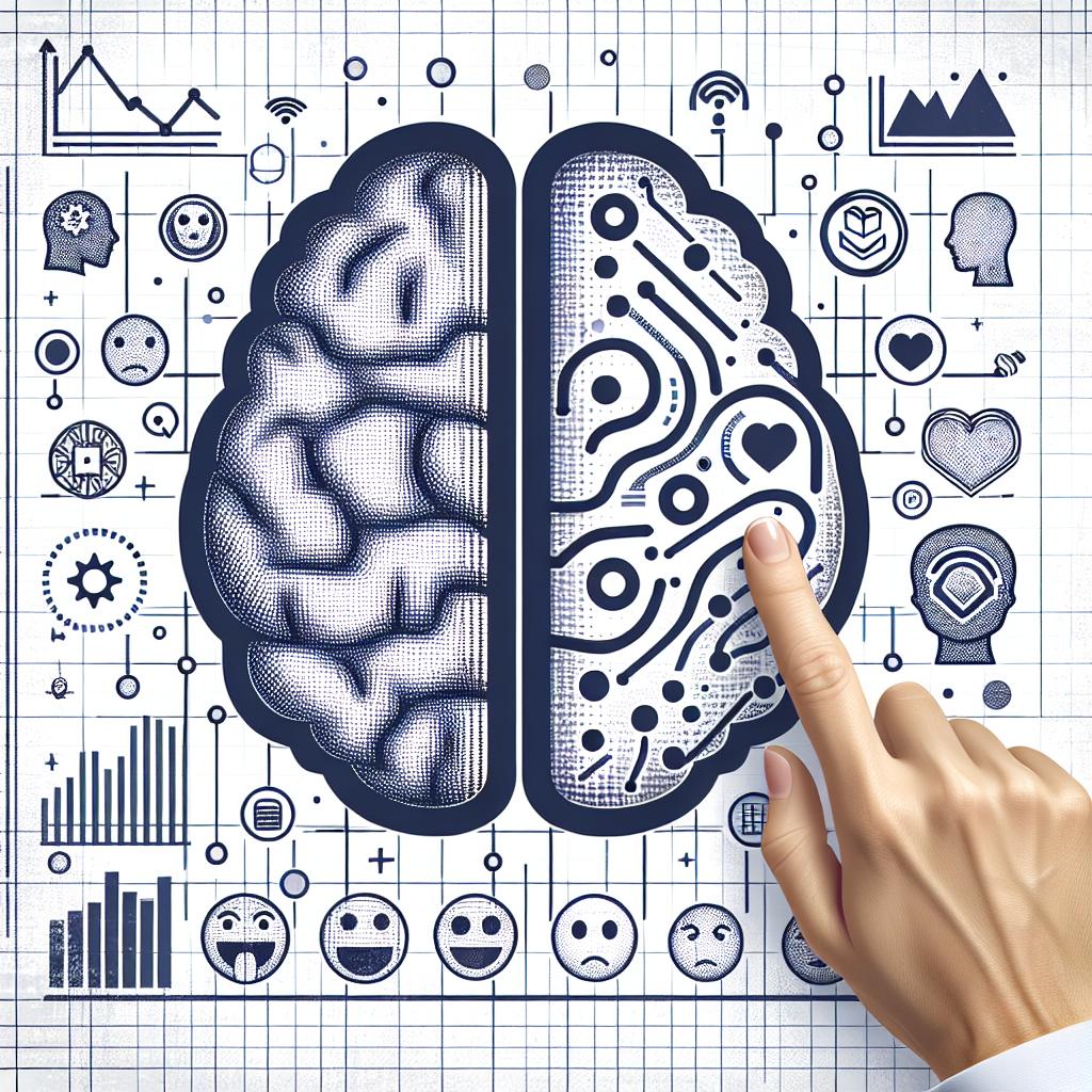 Create a 2D, flat vector corporate-style image, viewed from a linear perspective against a white, textureless background. Include a digital version of a brain to symbolize the analysis and interpretation of emotions. Also add various icons that depict a wide range of human emotions as a representation of emotional diversity. Incorporate data charts to symbolize the data analysis performed by AI.